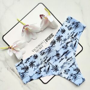NWT PINK VICTORIA'S SECRET NO-SHOW SMOOTH THONG PANTY IN HARBOR BLUE PALM TREE P